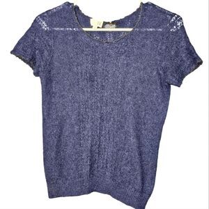 TSE Navy Short Sleeve Boatneck Single Button Open Knit Cashmere Black Edge L